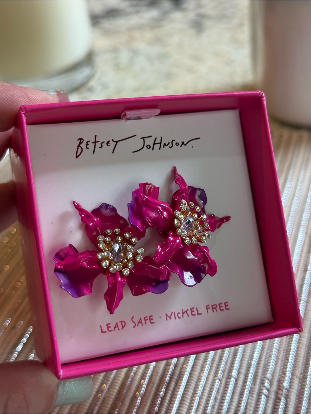 NEW Betsey Johnson Gold Plated Metal Orchid Earrings In Pink 1.5”